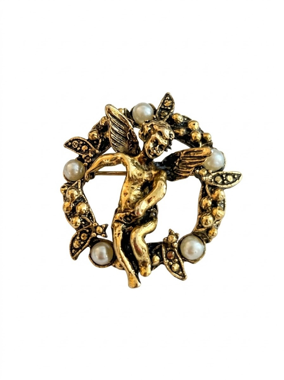 Cherub Angel Wreath Brooch Vintage Gold Tone Faux Pearl Renaissance Pin